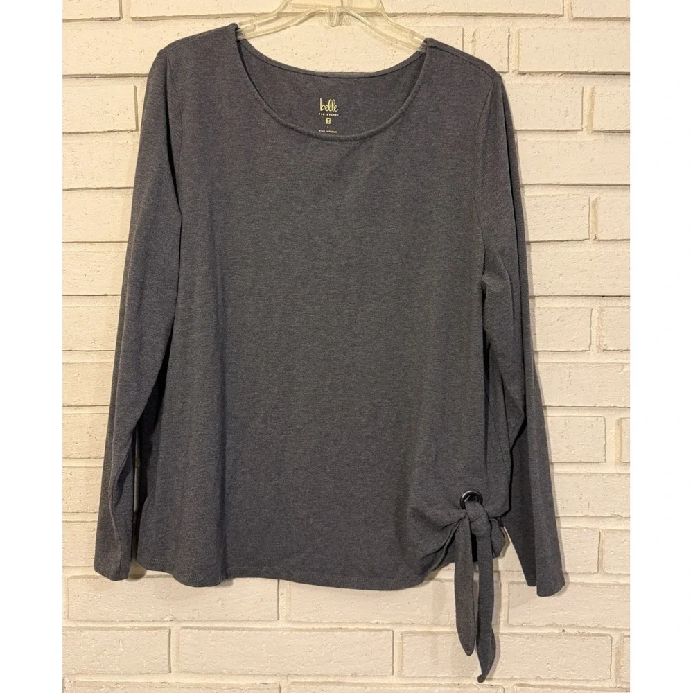 Belle by Kim Gravel Size Large TripleLuxe Knit Top  Grommet Side Tie Gray